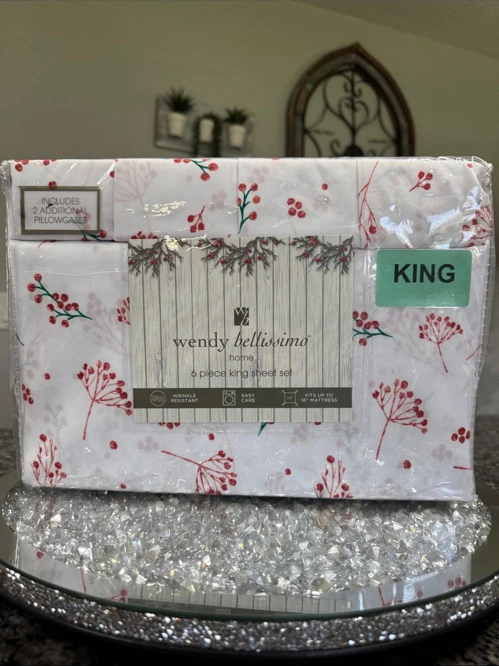 Wendy Bellissimo White Sheet Set with Red & Green Berry Sprig Print NEW